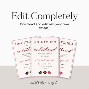 May include: Three printable wedding invitation templates in a red and white colour scheme. The text reads "Unhitched and Unbothered" with a date and time for the event. The invitations feature a heart-shaped design in a red and black colour scheme.