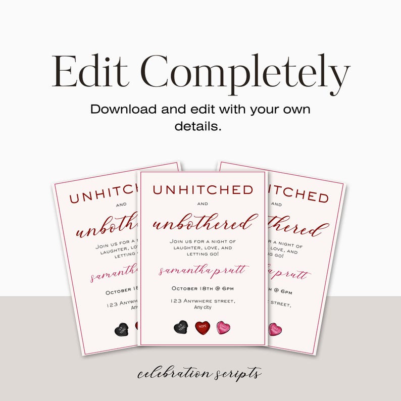 May include: Three printable wedding invitation templates in a red and white colour scheme. The text reads "Unhitched and Unbothered" with a date and time for the event. The invitations feature a heart-shaped design in a red and black colour scheme.