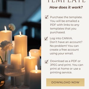 May include: A printable template for a celebration script. The image shows a white background with a brown text box that says "PRINTABLE TEMPLATE" and "How does it work?"  The text box also includes three checkboxes with instructions on how to purchase, download, and use the template. The image also shows a table setting with candles and a glass.
