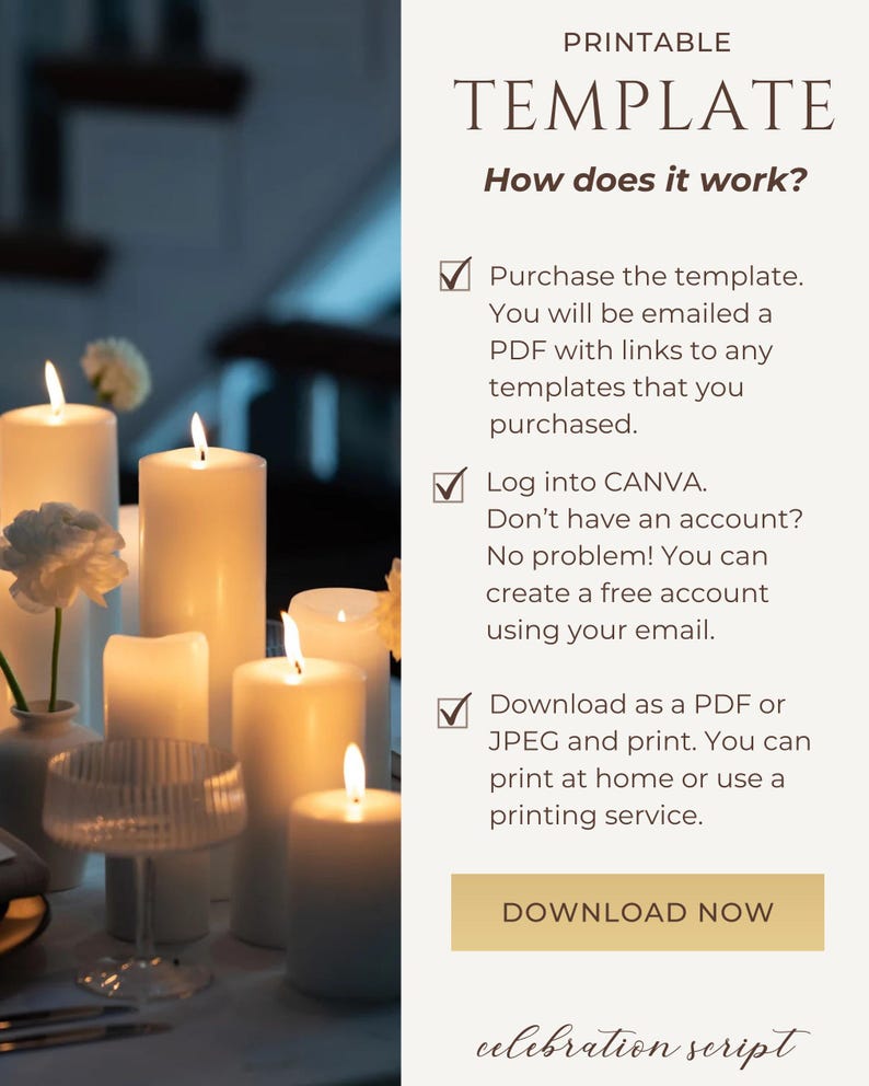 May include: A printable template for a celebration script. The image shows a white background with a brown text box that says "PRINTABLE TEMPLATE" and "How does it work?"  The text box also includes three checkboxes with instructions on how to purchase, download, and use the template. The image also shows a table setting with candles and a glass.