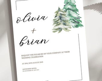 Inbjudningspaket för skogsbröllop, rustik tallinbjudan, bröllopsmallar med skogsgrönska, bergsceremoni