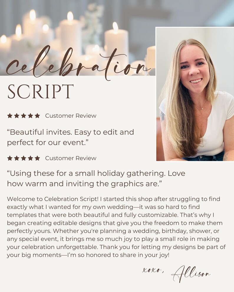 May include: A white background with the text "celebration SCRIPT" in brown lettering. Below the text are two customer reviews with five stars and quotes. The first quote reads "Beautiful invites. Easy to edit and perfect for our event." The second quote reads "Using these for a small holiday gathering. Love how warm and inviting the graphics are."