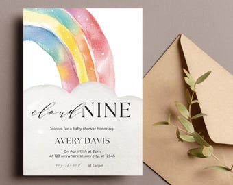 Cloud Nine Baby Shower Invitation: Gender Neutral Rainbow (Editable Canva Template)