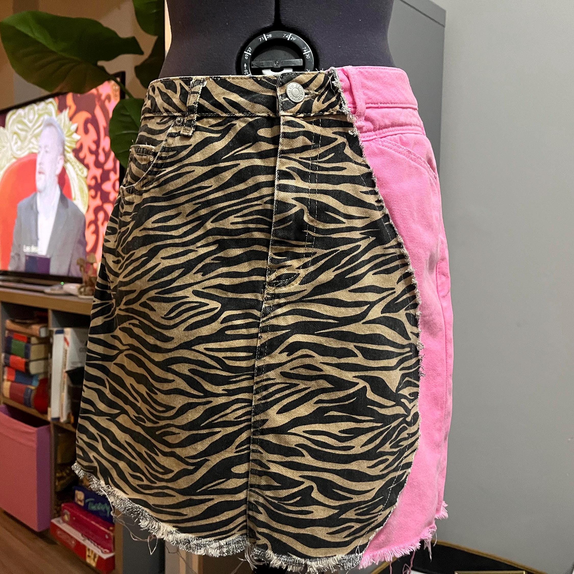 Denim Skirt Pink Animal Print Mini Skirt Mashup Mini Skirts