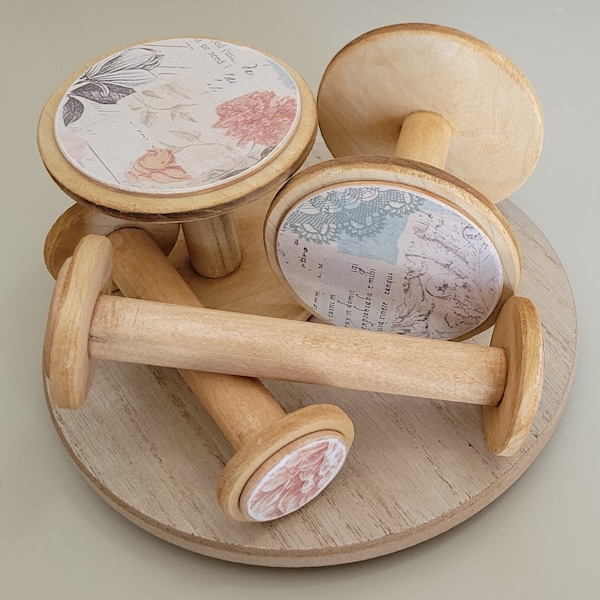 GROUP OF FOUR Wood Spools, Handmade, Sewing Spool, Craft Spool, Ribbon/Trim/Lace Spool, Craft Organization