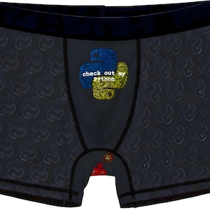 Op de afbeelding: Zwarte onderbroek met een herhalend patroon van de letter 'Z'. De voorkant van de onderbroek heeft een blauw en geel Python-logo met de tekst 'check out my python'.