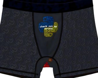 Python Programming Language Logo Men's Boxers, Black & White ASCII Pattern, Center Colored Logo, Developer Underwear, Coding Gift, Geeky