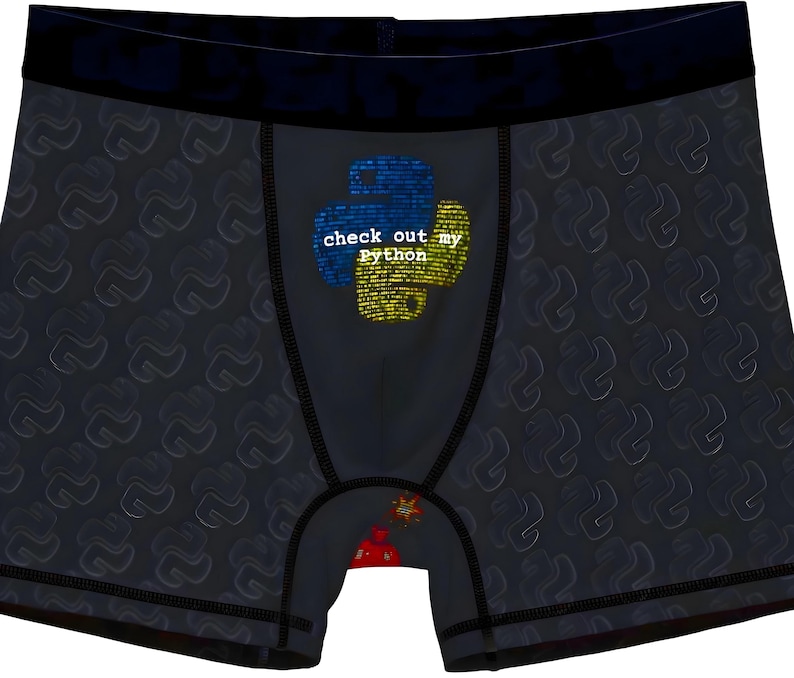 May include: Black underwear with a repeating pattern of the letter 'Z'. The front of the underwear features a blue and yellow Python logo with the text 'check out my python'.