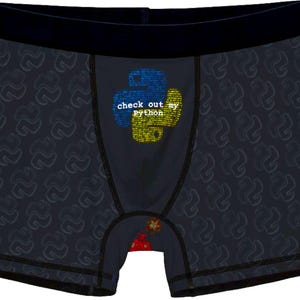 May include: Black and grey boxer shorts with a yellow and blue python graphic and the text "check out my python".