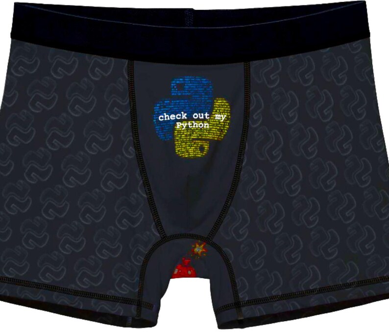 May include: Black and grey boxer shorts with a yellow and blue python graphic and the text "check out my python".