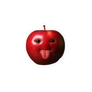 May include: A red apple sticker with a face design. The apple has black eyes and a red tongue sticking out. The sticker has a white border.