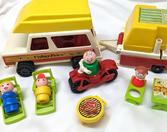 Vintage Fisher Price Little People Play Family Jeep Car & Pop-Up Camper Set 992 | 1980s Fisher Price Original Play Set