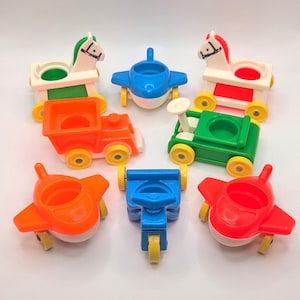 Vintage Fisher Price Little Riders Little People 656 Vehicles - Airplane, Riding Horse, Train Engine, Tricycle, Wagon, Blue Green Orange Red