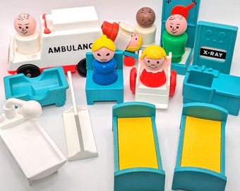 Little People Children's Hospital 931 Fisher Price Vintage Pieces Xray Machine, Turquoise Scale, Infant Cradle Figures to Complete Set 1970s