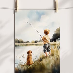 Vintage Boy Fishing Wall Art, Printable Dog Art for Kids, Dog Lover Portrait, Vintage Lake Art, Nursery Art, Home Decor, Boys Room Wall Art