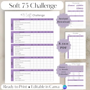 Editable 75 Day Challenge Planner, 75 Soft Challenge, Workout Tracker, Weight Loss Journal, Fitness Workout Plan,Editable Soft Challenge Log