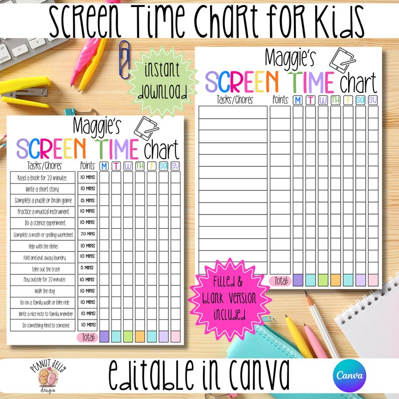 Sticker Chart Screen Time Editable Kids Screen Time Chart: Rewards & Chores (PDF Download) - Etsy