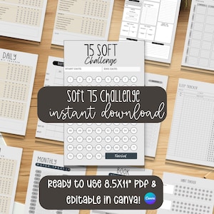 Editable 75 Day Challenge Planner, 75 Soft Challenge, Workout Tracker, Weight Loss Journal, Fitness Workout Plan,Editable Soft Challenge Log