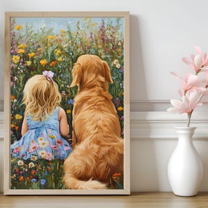 Printable Dog Art for Kids Room, Colorful Wildflower Meadow Decor, Girl and Dog Painting, Golden Retriever Printable, Gift for Dog Lovers