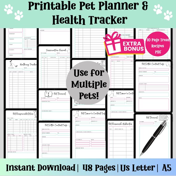 Printable Pet Health Tracker: 48-Page Pet Planner (PDF)