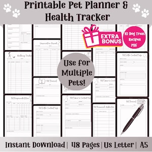 Printable Pet Health Tracker, Printable Tracker, Pet Journal, Pet Health Tracker, Pet Health Record, Printable Cat Dog Record, Pet Planner