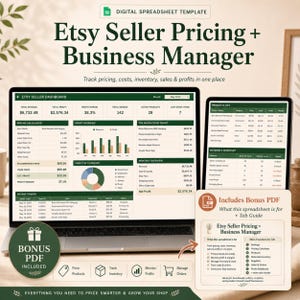 May include: A digital spreadsheet template for Etsy sellers displayed on a laptop screen, featuring a dashboard with pricing calculators, profit charts, and order lists, alongside a bonus PDF guide detailing business management functions.