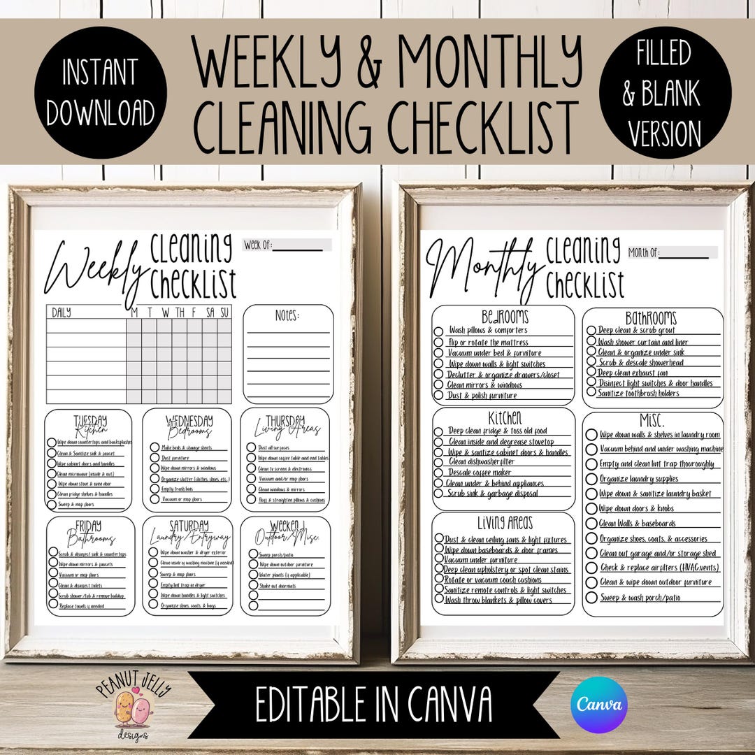 Weekly and Monthly Cleaning Checklist, Editable Cleaning Schedule ...