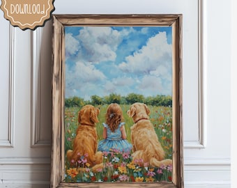 Girl and Golden Retrievers Print: Meadow Wildflowers Oil Painting (Digital Download)