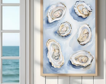 Oyster Wall Art Print, Coastal Watercolor Oyster Art, Blue Neutral Beach Decor, Modern Coastal Kitchen Wall Art, Nautical Print