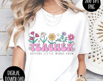 Retro Teacher PNG: Helping Little Minds Grow, Sublimation Design (Digital Download)