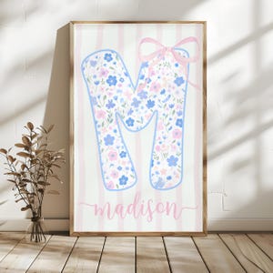 Custom Floral Monogram Letter Wall Art, Pink Personalized Name Print for Baby Girl Nursery, Shabby Chic Kids Decor, Kids Nursery Wall Art