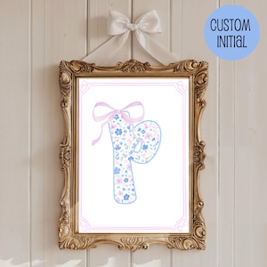 Grandmillennial Nursery Decor Custom Letter Wall Art Printable Girl&#39;s Bedroom Decor Personalized Coquette Bow Decor Floral Initial Wall Art