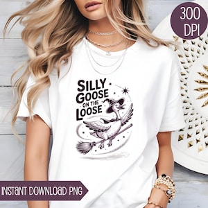 Silly Goose on the Loose PNG, Witch Goose Halloween Clipart, Vintage Halloween Goose PNG, Flying Goose on Broomstick, Cute Ghost Goose PNG