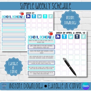 Editable Weekly Schedule Kids, Daily Routine Editable, Weekly Planner Kid, Preschool Homeschool, Weekly Organizer, Printable School Routine