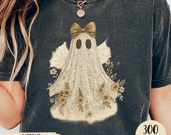 Vintage Lace Ghost PNG: Coquette Bow, Cottagecore Halloween-ontwerp (digitale download)
