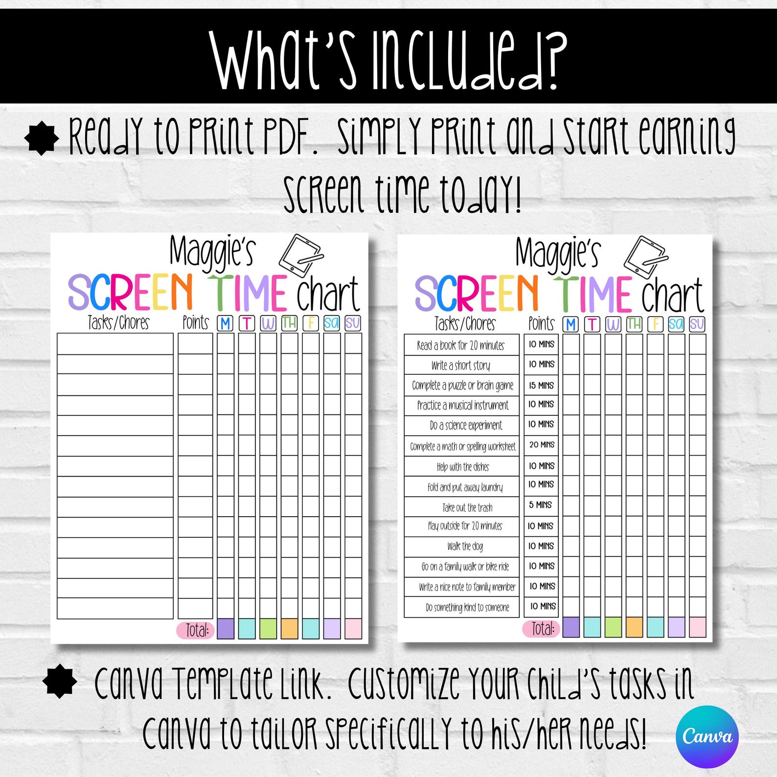 Sticker Chart Screen Time Editable Kids Screen Time Chart: Rewards & Chores (PDF Download) - Etsy