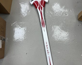 May include: A silver and red sword with a pink gem on the pommel. The blade has red accents and Japanese characters.