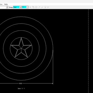 May include: A black and white line drawing of Captain America's shield. The shield is a circle with a five-pointed star in the center. The circle is surrounded by concentric circles.