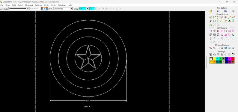 May include: A black and white line drawing of Captain America's shield. The shield is a circle with a five-pointed star in the center. The circle is surrounded by concentric circles.