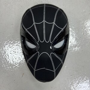 Op de afbeelding: Zwart-witte Spider-Man-masker met een zwart gaas dat de ogen bedekt. Het masker is gemaakt van stof en heeft een 3D-ontwerp.