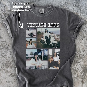May include: Dark gray t-shirt with a photo collage and the text "VINTAGE 1996". The collage includes multiple photos of a person on a scooter and in other settings. The shirt also has the text "Upload your photos and custom text".