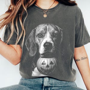 May include: A charcoal grey short-sleeve t-shirt featuring a black and white graphic print of a beagle dog holding a jack-o'-lantern pumpkin in its mouth. The shirt has a crew neckline and a relaxed fit, showcasing a detailed canine portrait.