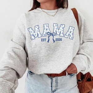 Blue Toile Floral Mama Shirt & Sweatshirt • Coquette Mama Bow Shirt • Personalized Mothers Day Gift