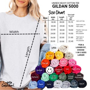 May include: A light gray Gildan 5000 unisex heavy cotton tee with a size chart and color options. The size chart shows measurements in inches for width and length. The available colors include white, black, and various shades.