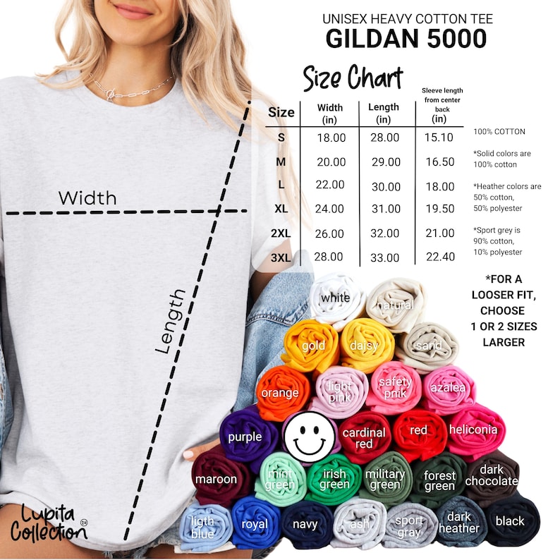 May include: A light gray Gildan 5000 unisex heavy cotton tee with a size chart and color options. The size chart shows measurements in inches for width and length. The available colors include white, black, and various shades.