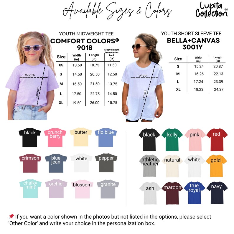 Peut inclure: Un tableau des tailles pour t-shirts jeunesse avec deux mod&egrave;les portant un t-shirt violet clair et un blanc. Il inclut des tableaux avec les mesures de largeur, longueur et manches en pouces pour Comfort Colors 9018 et Bella+Canvas 3001Y.