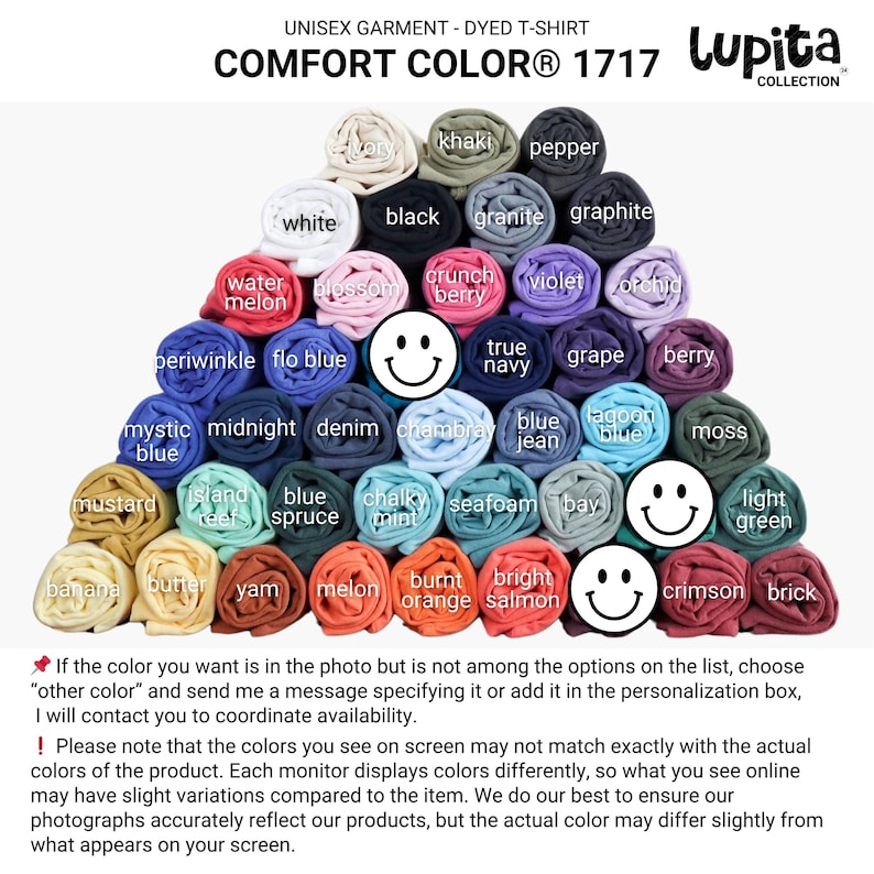 May include: A display of rolled Comfort Colors 1717 unisex dyed t-shirts in various colors, including white, black, and blue. The image includes text indicating the brand and garment type, with a note about color variations.