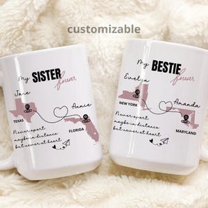 Personalisierte Tasse für Schwestern in der Ferne / Geschenk für Schwestern, die weit weg wohnen / Tasse für Freunde in der Ferne / Tasse von Staat zu Staat