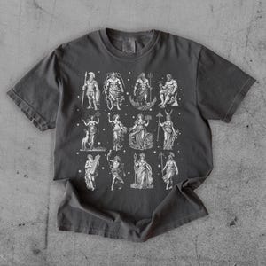 May include: Dark gray t-shirt featuring a detailed white illustration of various Greek gods and goddesses. The design includes figures like Zeus, Poseidon, and Athena, with stars scattered around the images. The shirt is made of a soft material.