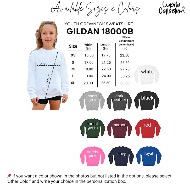 Peut inclure: Un tableau des tailles et des couleurs pour le sweat-shirt &agrave; col rond pour jeunes Gildan 18000B. L'image montre un sweat-shirt blanc, un tableau des tailles avec des mesures en pouces et des &eacute;chantillons de couleurs &eacute;tiquet&eacute;s white, sport grey, dark heather, black, forest green, maroon, red, safety pink, navy et royal. Le texte inclut Available Sizes & Colors et Lupita Collection.